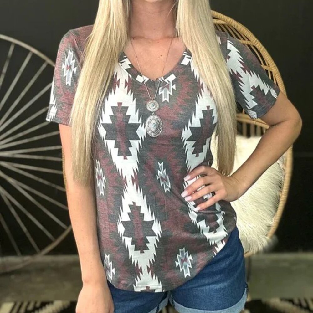 2X - Rust & White Aztec V-Neck Tee